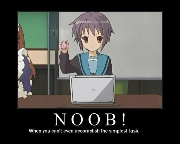 Demotivational poster showing anime character at a laptop with caption 'NOOB! When you can't even accomplish the simplest task.'