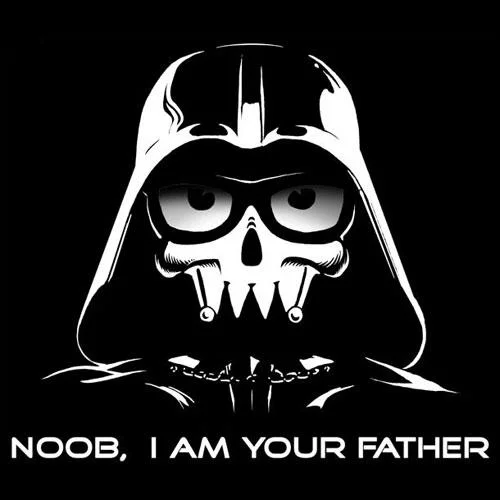 Stylized Darth Vader skull illustration with the caption 'NOOB, I AM YOUR FATHER'