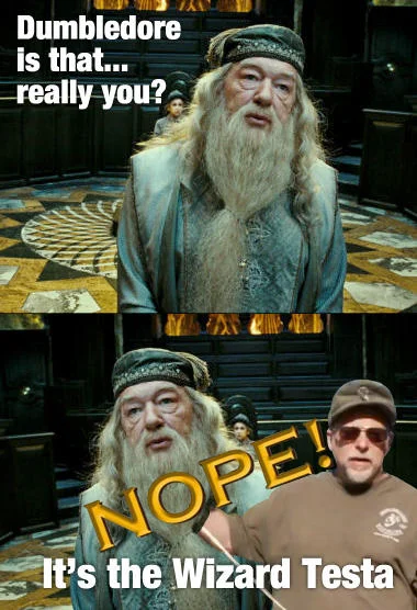 Nope Chuck Testa — Two-panel Harry Potter meme asking 'Dumbledore is that really you?' revealed as 'Wizard Testa.'