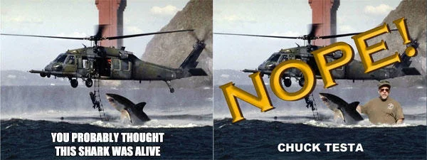 Nope Chuck Testa — Two-panel meme showing 'Grandma's back!' revealed as 'NOPE! Just Chuck Testa' with taxidermied subject.