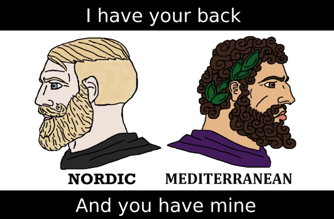 Nordic and Mediterranean chads with captions I have your back and you have mine