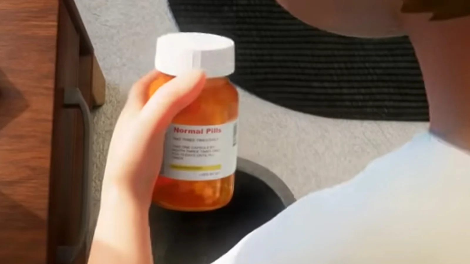 Animated child's hand holding orange pill bottle labeled Normal Pills
