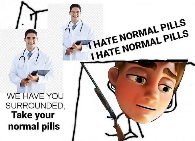 Doctors surrounding animated boy demanding he take normal pills meme