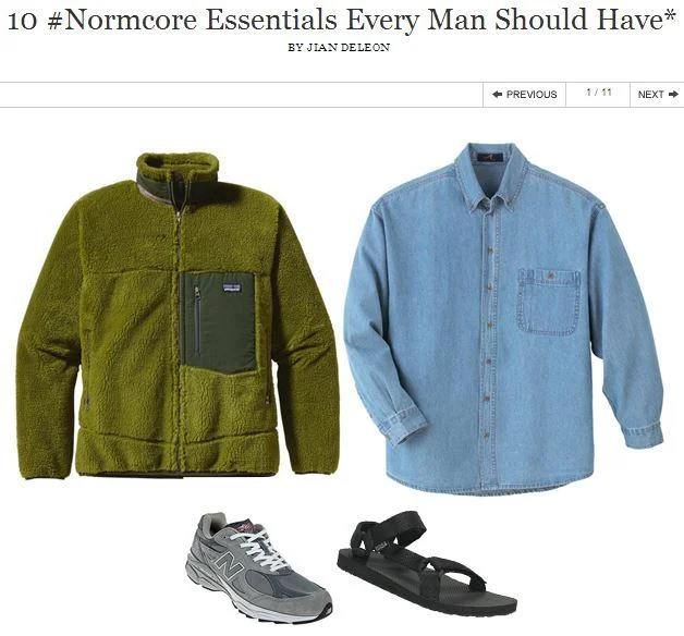 Man wearing jean shorts, white socks, and dad sneakers on a lawn illustrating dad-style normcore fashion
