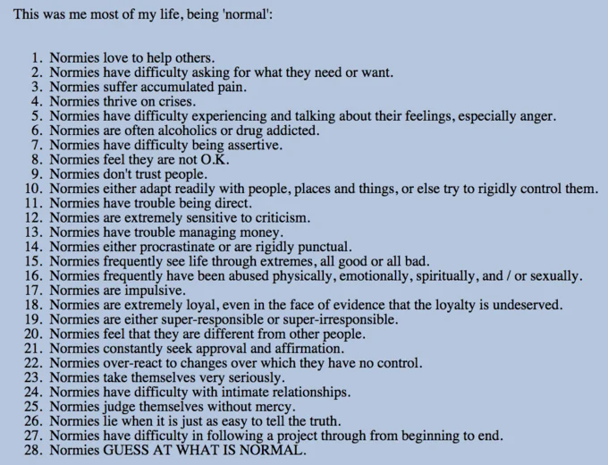 Numbered list of 28 characteristics describing normies on a light blue background