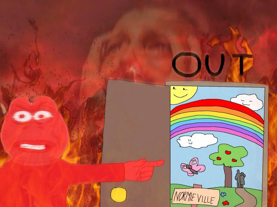 Red angry Pepe opening a door to a colorful 'Normie Ville' landscape