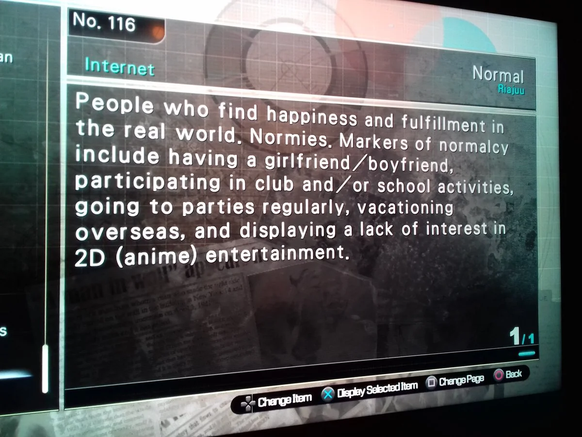 Screenshot from a Persona video game glossary defining Normal/Riajuu as normies