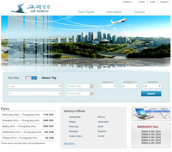 North Korea — Air Koryo airline website screenshot showing flight booking interface
