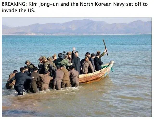 North Korea — Kim Jong-un waving from small wooden boat with soldiers, satirical caption about invading US