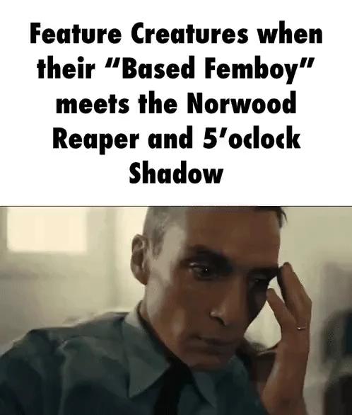 Norwood Scale Norwood Reaper — Meme with text 'Feature Creatures when their Based Femboy meets the Norwood Reaper' with concerned man reaction.