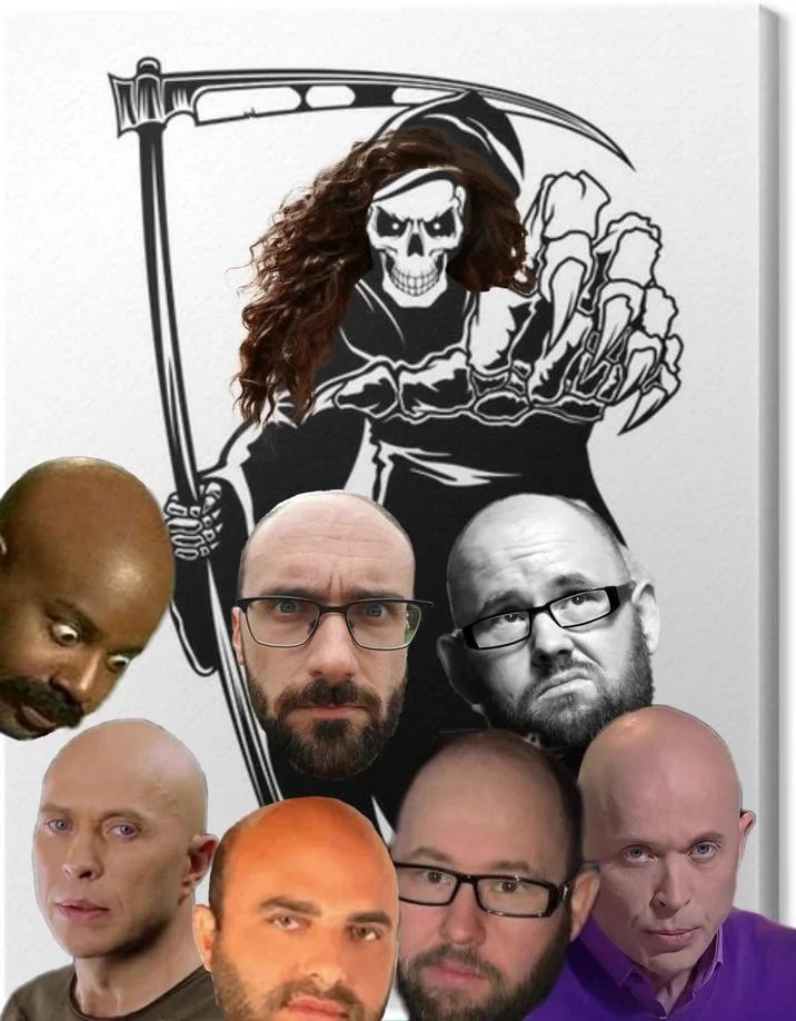 Norwood Scale Norwood Reaper — Grim reaper with skull and scythe above grid of male head silhouettes showing Norwood Scale baldness stages.