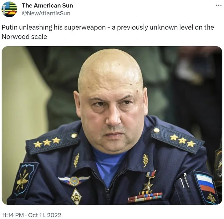 Norwood Scale Norwood Reaper — Twitter post about bald military officer with humorous text about unknown Norwood level superweapon.