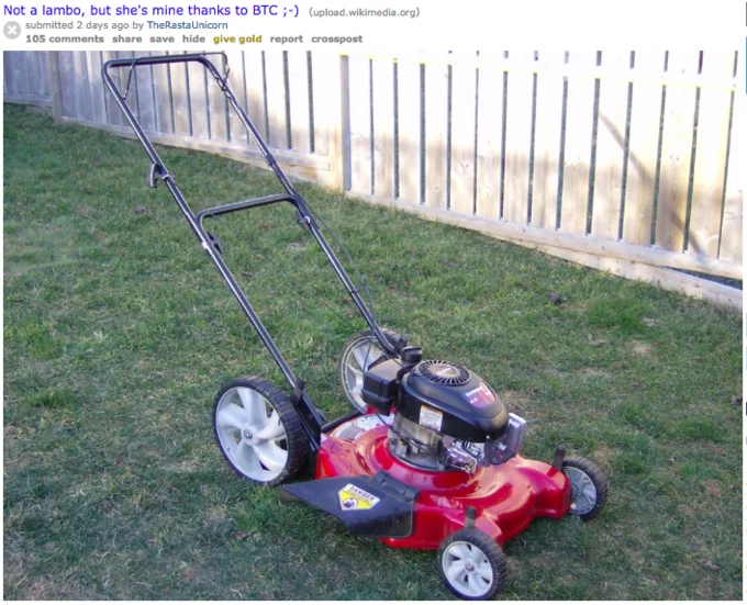 Not a Lambo — Reddit screenshot of a red lawn mower on grass with Bitcoin caption