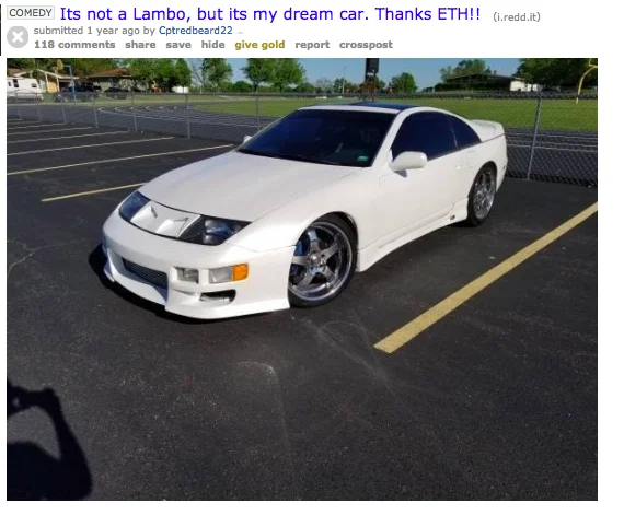 Not a Lambo — Reddit screenshot of white Nissan 300ZX with caption thanking ETH for the dream car