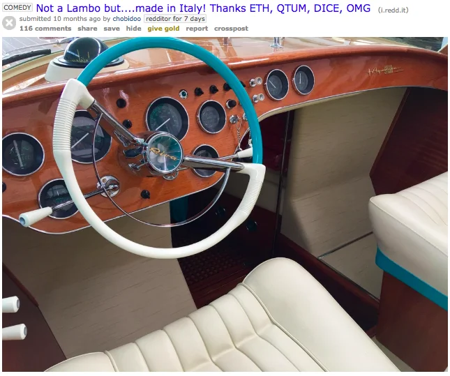 Not a Lambo — Reddit screenshot of vintage Italian Riva boat interior thanking crypto tokens