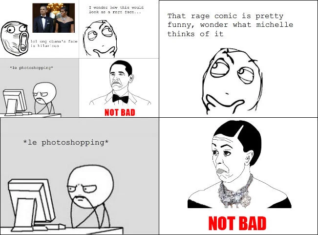 "Not Bad" Obama Face — Rage comic explaining the creation of the Not Bad Obama meme from the original photo