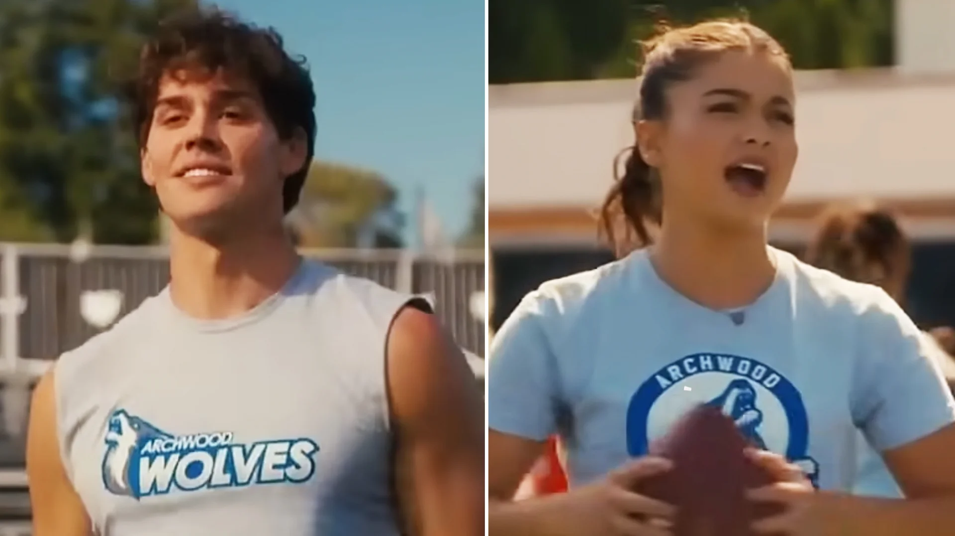 Not My Name Quarterback — Split-screen of a curly-haired young man and a young woman holding a football, both wearing Archwood Wolves shirts.