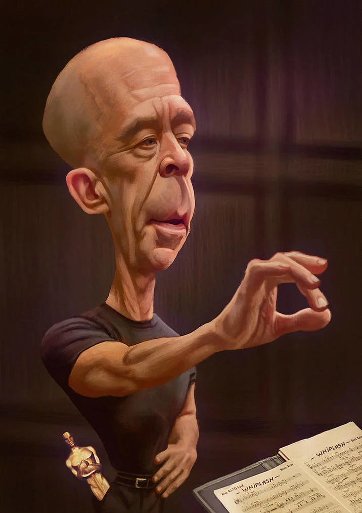 Not Quite My Tempo — Caricature painting of J.K. Simmons as Terence Fletcher conducting, with an Oscar statuette and Whiplash sheet music.