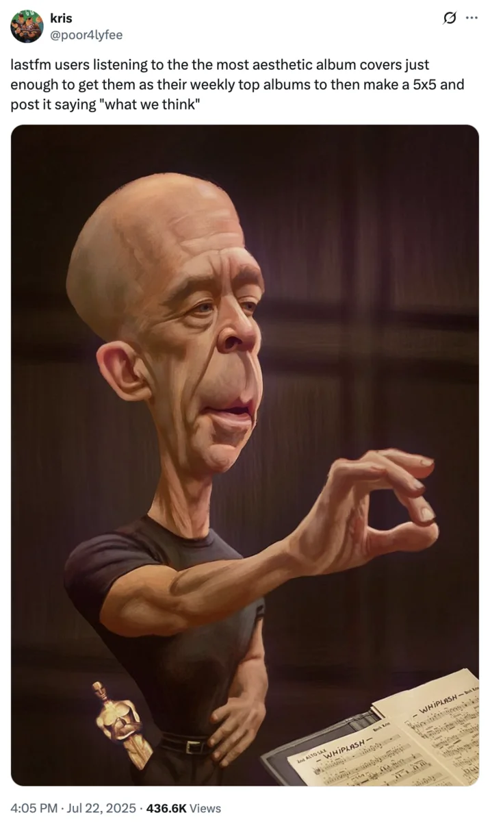 Not Quite My Tempo — Twitter post by @poor4lyfee showing the Fletcher caricature meme with a joke about Last.fm users and aesthetic album covers.