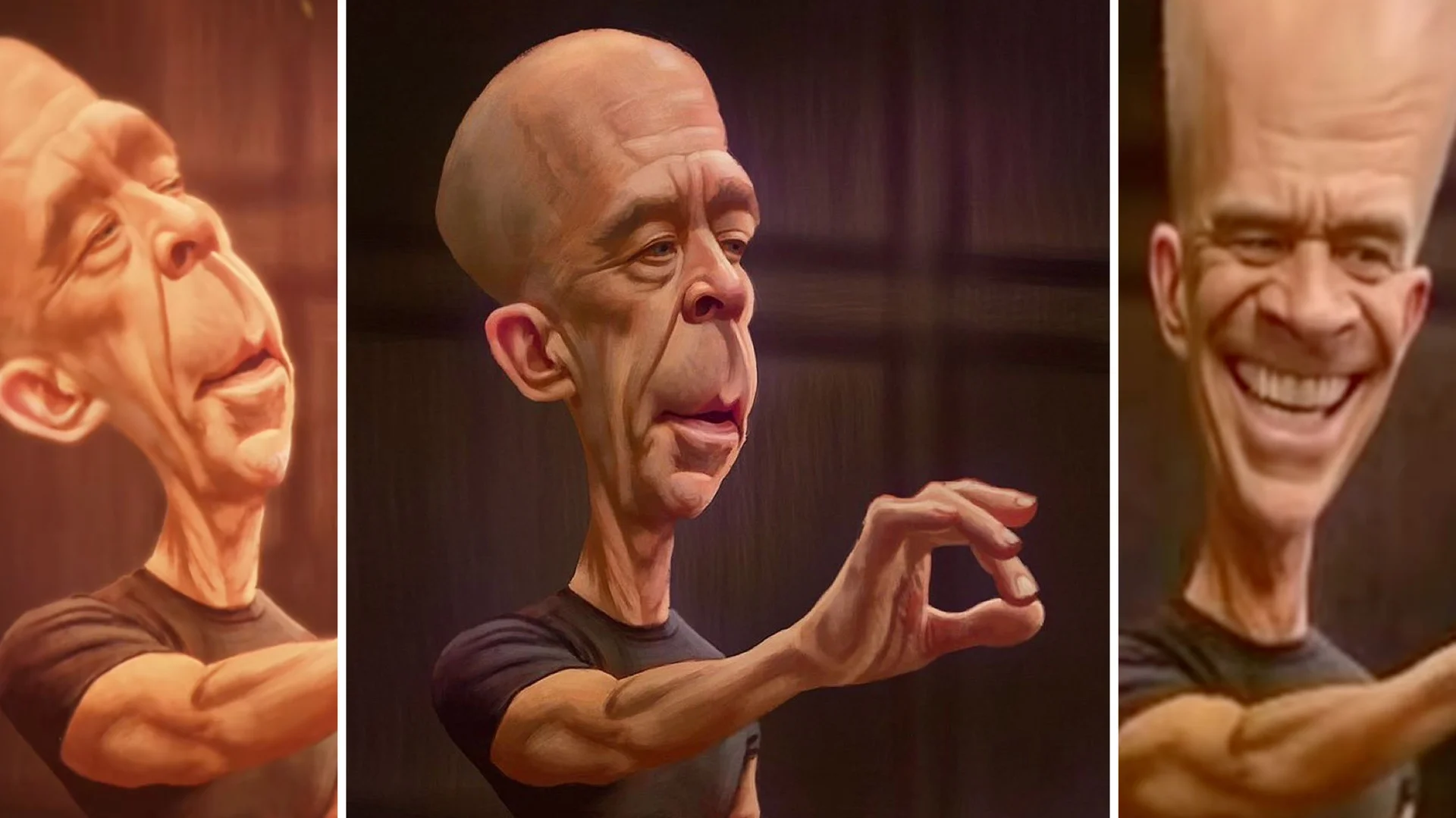 Not Quite My Tempo — Three-panel composite of a caricature painting of J.K. Simmons as Terence Fletcher from Whiplash, holding a conducting hand gesture.