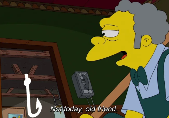 Not Today, Old Friend — Screenshot of Moe Szyslak with noose from The Simpsons