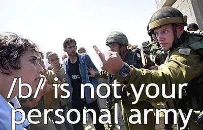 Military personnel with 'not your personal army' text overlay on image.