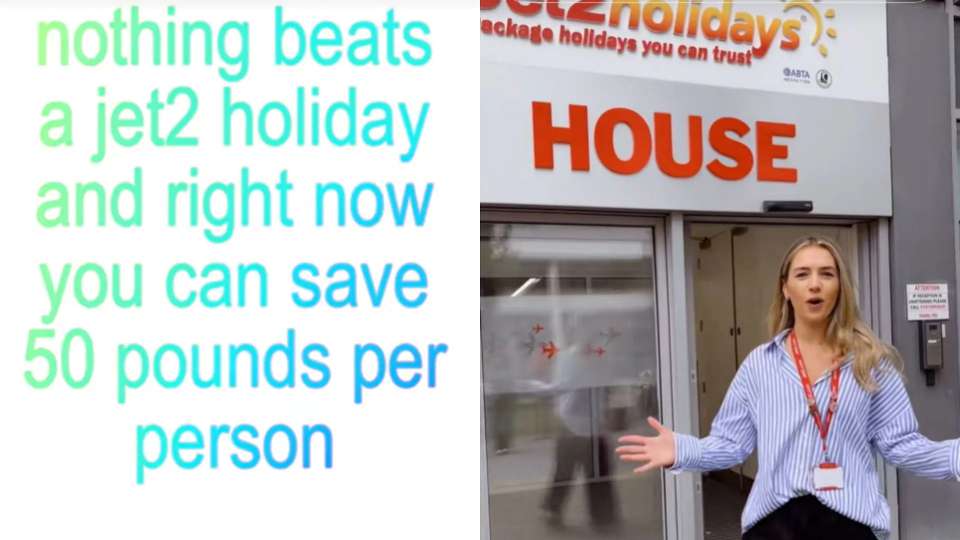 Nothing Beats a Jet2 Holiday — Split image with Jet2 holiday meme caption text and a woman standing outside Jet2holidays House office.