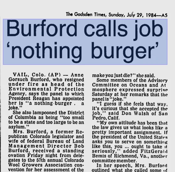 Scanned newspaper clipping from The Gadsden Times July 29, 1984 with headline 'Burford calls job nothing burger.'