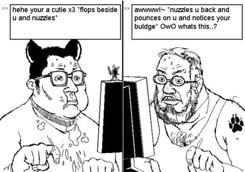 Notices Bulge Owo Whats This — Black and white comic showing two men at computers with furry roleplay dialogue and OwO copypasta response.