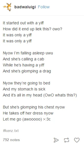 Notices Bulge Owo Whats This — Tumblr song parody rewriting The Killers using furry slang and OwO references with 792 notes.