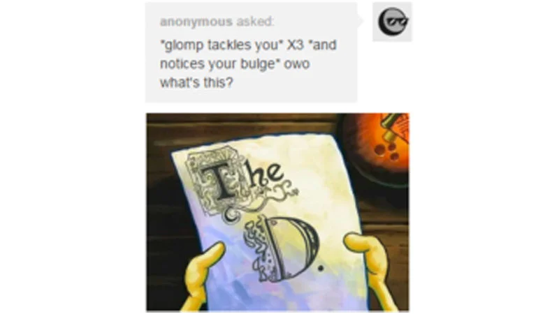 Notices Bulge Owo Whats This — Screenshot of OwO copypasta paired with SpongeBob Patrick holding book as punchline answer.