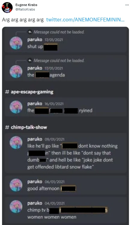 Gimmick Accounts — RatioKrabs gimmick account tweet with censored Discord exposé screenshot