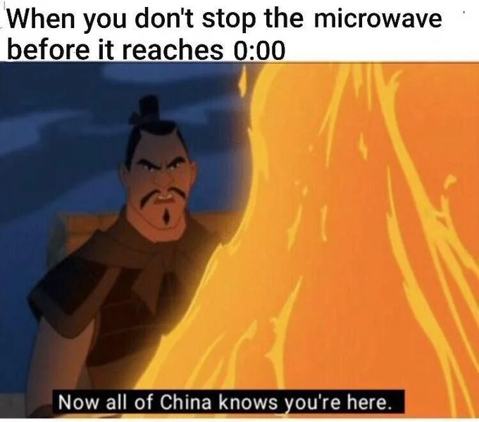 Now All of China Knows You're Here — Meme about not stopping the microwave before it beeps, featuring Shan Yu in flames