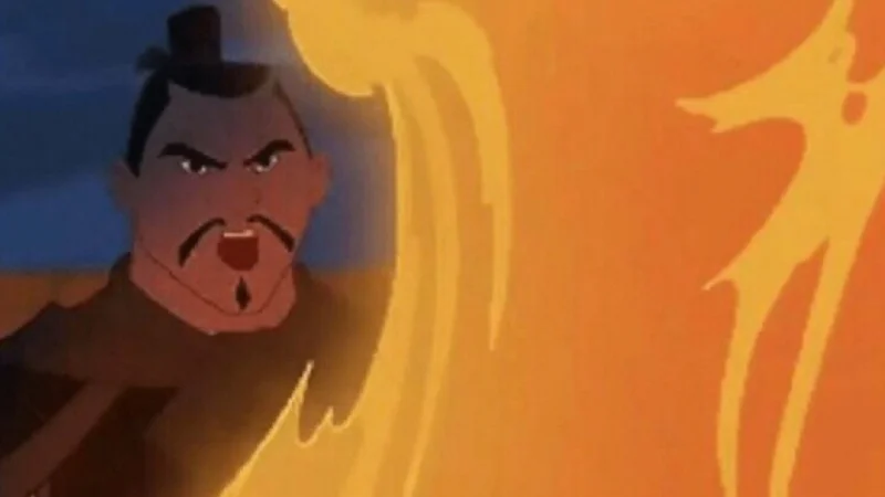 Now All of China Knows You're Here — Shan Yu from Disney's Mulan standing in front of raging flames with an angry look