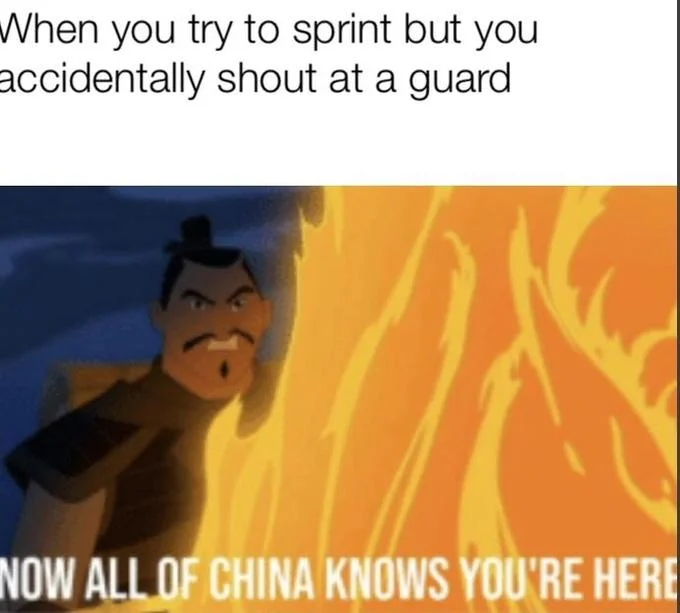 Now All of China Knows You're Here — Meme about accidentally alerting a guard while sprinting, featuring Shan Yu in flames