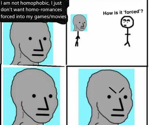 NPC Meme — 4-panel NPC claiming not homophobic but objecting to same-sex romance, unable to justify objection.