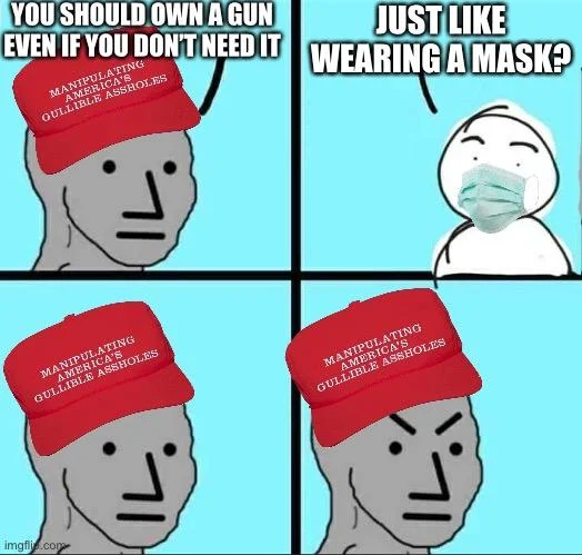 NPC Meme — 4-panel NPC in MAGA hat arguing for gun ownership, becoming furious at mask-wearing parallel.