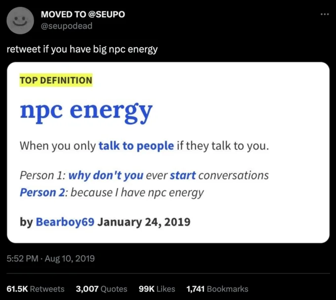 Npc Non Playable Character — Tweet about big NPC energy quoting an Urban Dictionary definition
