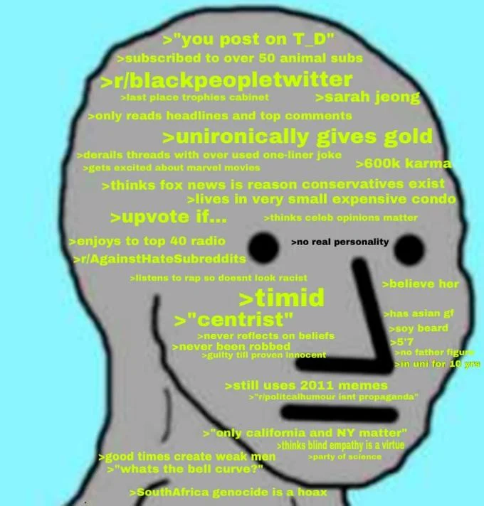 Npc Non Playable Character — NPC Wojak meme covered in green-text labels mocking stereotypical traits