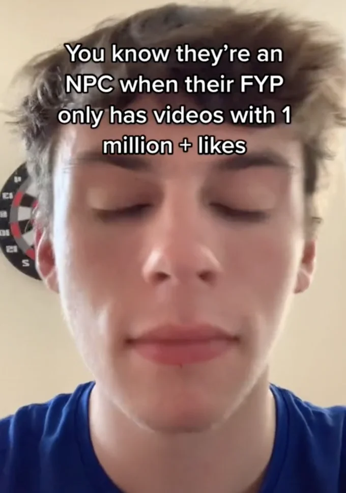 Npc Non Playable Character — TikTok selfie with caption calling out NPC behavior on the For You Page