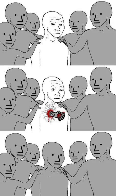 NPC Wojak — Three-panel narrative showing white Wojak surrounded by NPCs, pressured, then transformed into NPC.