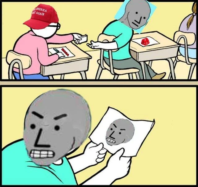 Two-panel classroom meme featuring NPC Wojak in turquoise shirt with peer reactions to presentation.