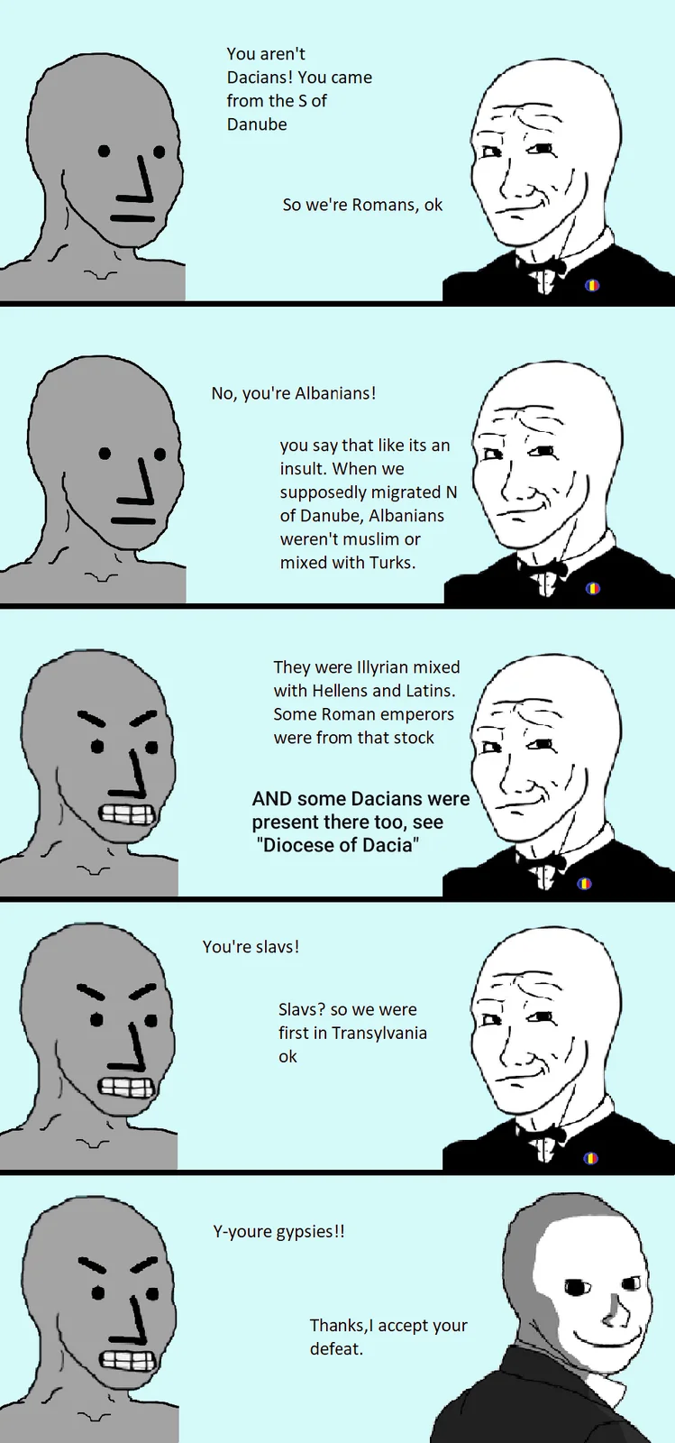 Multi-panel comic showing NPC Wojak in conversation with white Wojak demonstrating scripted responses.