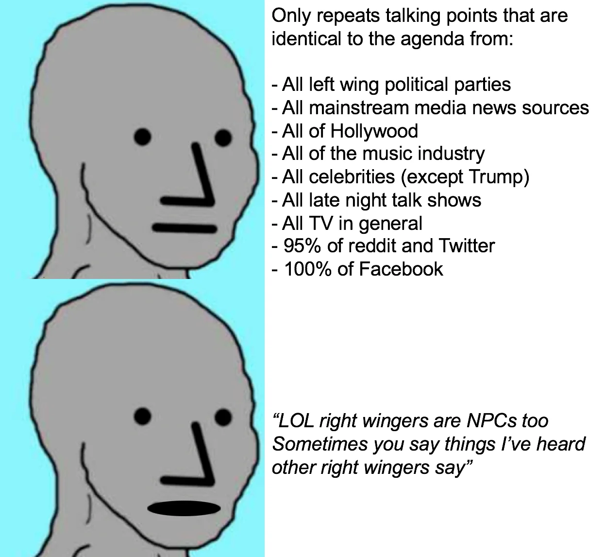 NPC Wojak with gray expressionless face and detailed bullet-point list of repeated mainstream talking points.