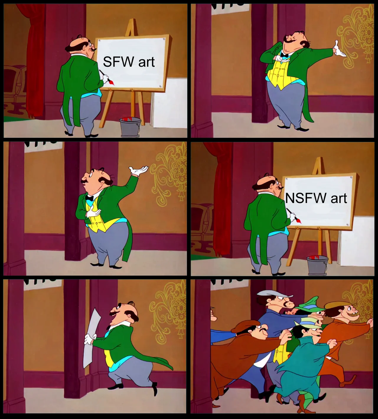 Looney Tunes six-panel meme contrasting reactions to SFW and NSFW art