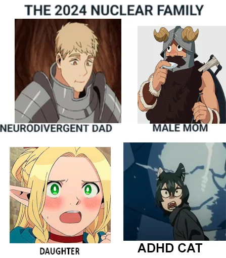 Nuclear Family Unit — Four-panel 2024 Nuclear Family meme using Delicious in Dungeon characters labeled Neurodivergent Dad, Male Mom, Daughter, and ADHD Cat