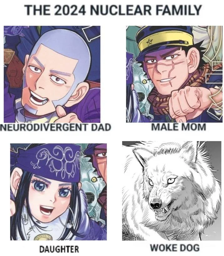 Nuclear Family Unit — Four-panel 2024 Nuclear Family meme using Golden Kamuy characters with labels Neurodivergent Dad, Male Mom, Daughter, and Woke Dog