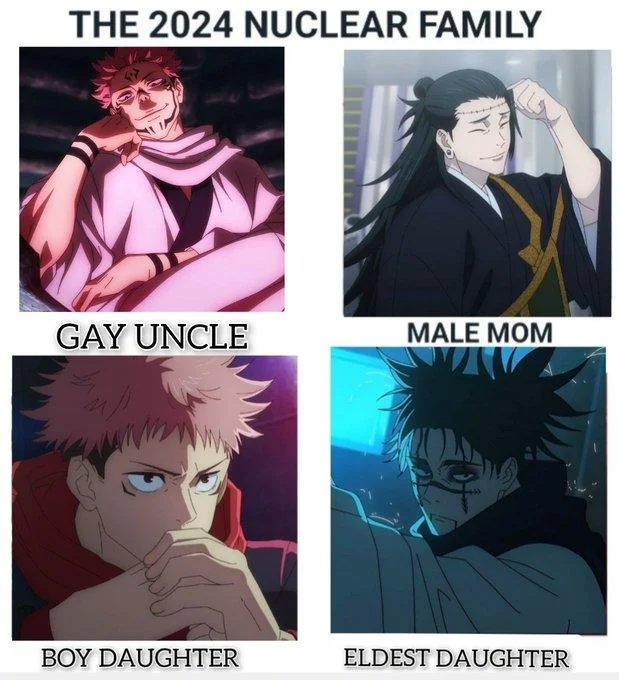 Nuclear Family Unit — Four-panel 2024 Nuclear Family meme with Jujutsu Kaisen characters labeled Gay Uncle, Male Mom, Boy Daughter, and Eldest Daughter