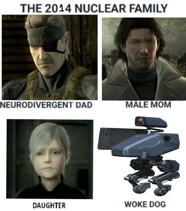Nuclear Family Unit — Four-panel Nuclear Family meme retitled to 2014 using Metal Gear Solid characters labeled Neurodivergent Dad, Male Mom, Daughter, and