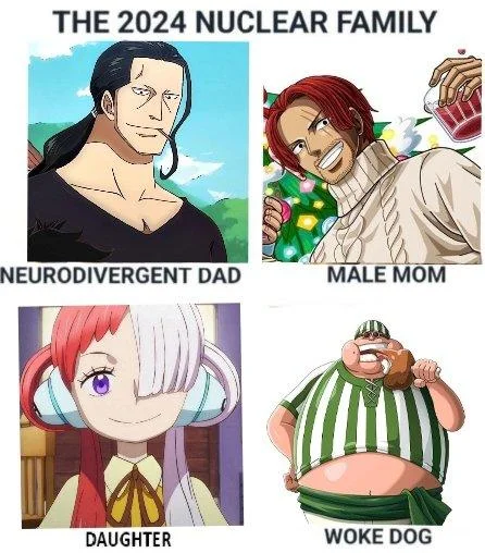 Nuclear Family Unit — Four-panel 2024 Nuclear Family meme using One Piece characters labeled Neurodivergent Dad, Male Mom, Daughter, and Woke Dog